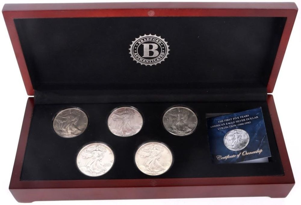 Lot 174391: .999 FINE SILVER 1986-1990 EAGLE COLLECTION W/ COA