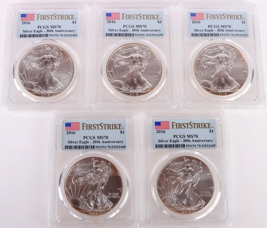 Lot 174393: .999 FINE SILVER 2016 PCGS MS70 30TH ANN. EAGLES