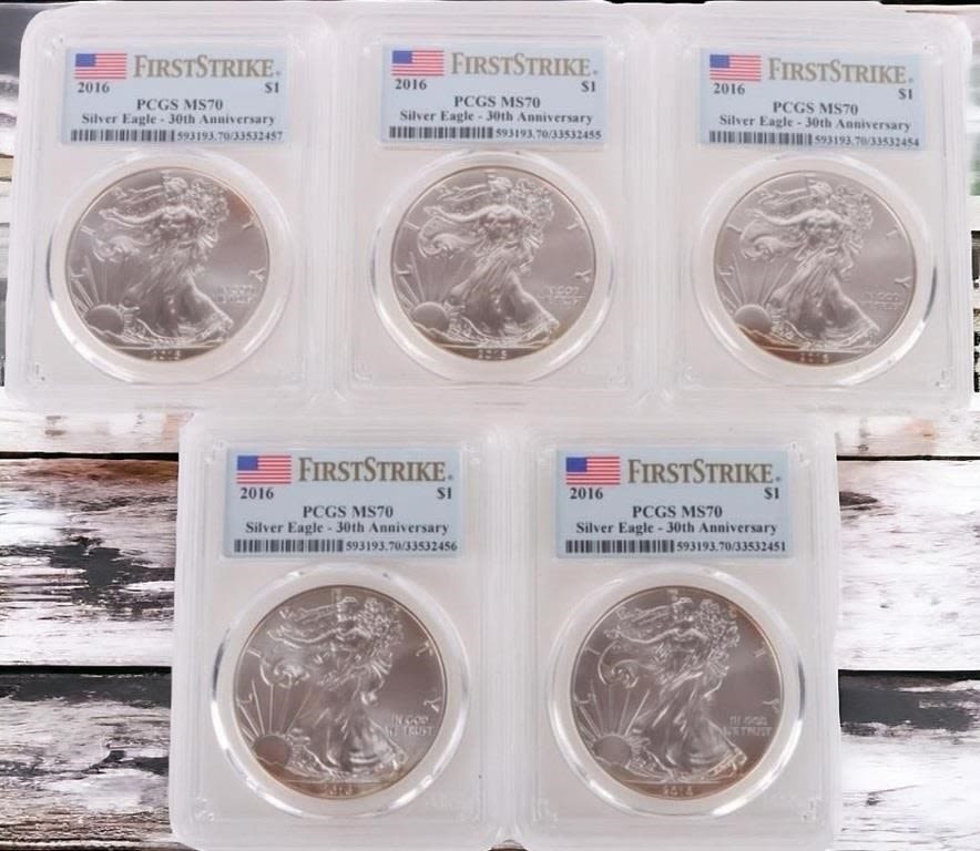 Lot 174394: .999 FINE SILVER 2016 PCGS MS70 30TH ANN. EAGLES