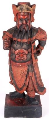 ANTIQUE CHINESE CARVED WOODEN WARRIOR STATUE. Antique Chinese carved wooden warrior statue. 