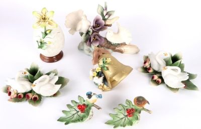 ITALIAN CAPODIMONTE PORCELAIN BIRD SCULPTURES. Italian Capodimonte porcelain floral sculptures 