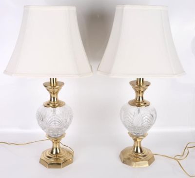 HAND-MADE HUNGARIAN CRYSTAL TABLE LAMP PAIR. Hand-made Hungarian crystal table lamp pair with 