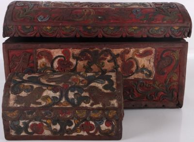 CIRCA LATE 18TH C. HAND-TOOLED LEATHER CHESTS. Circa late 18th century hand-tooled leather 