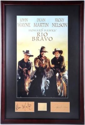RIO BRAVO AUTOGRAPHED CUSTOM FRAMED PLAQUE. John Wayne, Ricky Nelson, and Dean Martin 