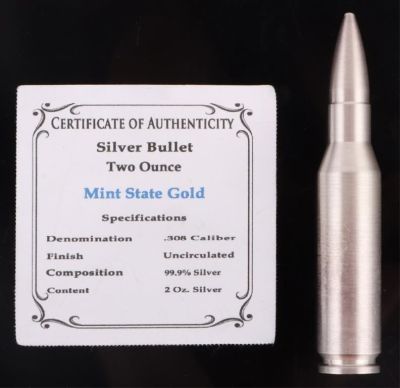 99.9% FINE SILVER .308 CALIBER BULLET 2.0 OZ UNC. Two ounce fine silver .308 caliber bullet 