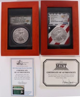 .999 SILVER 2021 FDOI 2018 EARLY RELEASE EAGLES. 2021 Silver Eagle type 1 ANACS - MS70 .999 fine 