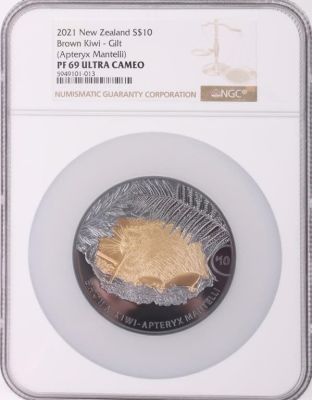 2021 SILVER 5OZ NEW ZEALAND BROWN KIWI PF69. 2021 silver 5oz S$10 New Zealand Brown Kiwi graded 