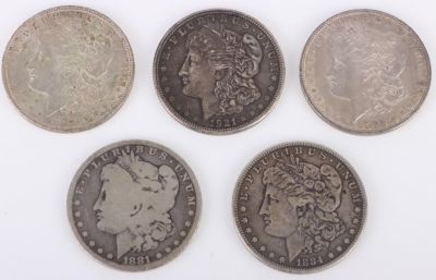 1881-1921 90% MORGAN SILVER DOLLARS - LOT OF 5. 19th-20th Century 90% Silver Morgan $1 Dollar 