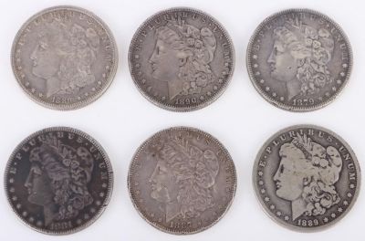 1879-1890 90% MORGAN SILVER DOLLARS - LOT OF 6. 19th Century - 20th Century .900 Silver Morgan 