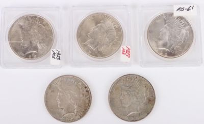 90% SILVER ASSORTED LIBERTY PEACE DOLLARS - (5). 90% silver assorted Liberty Peace Dollars to 