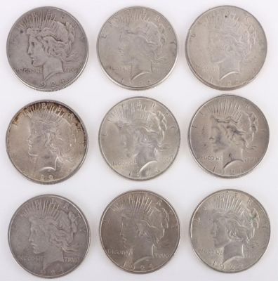 90% SILVER PEACE DOLLARS - LOT OF 9. 90% silver Peace silver dollars - lot of 12 to include four 
