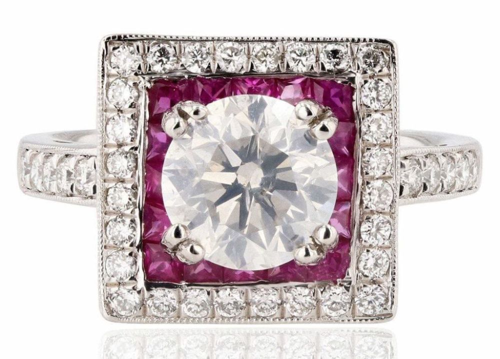 Lot 176165b: 1.69CT CENTER DIAMOND & .68CTW RUBY PLATINUM RING