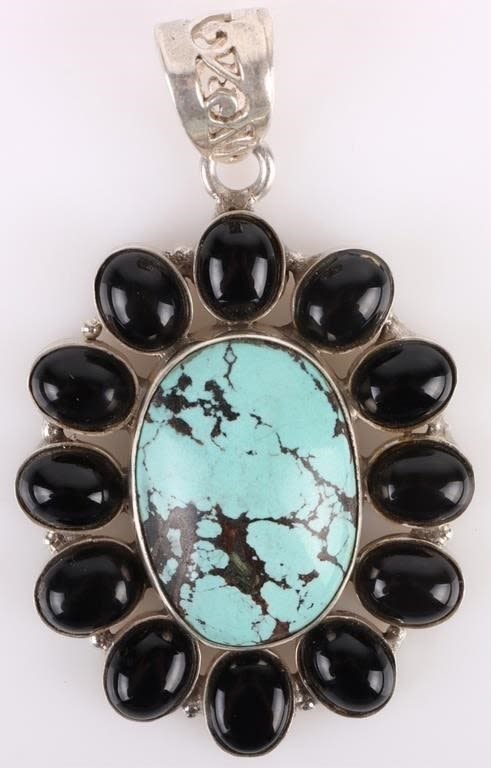 Lot 177160: SOUTHWEST STERLING ONYX & TURQUOISE FLORAL PENDANT