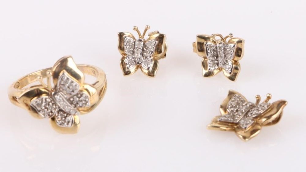Lot 177161: 10K YELLOW GOLD BUTTERFLY DIAMOND MATCHING SET