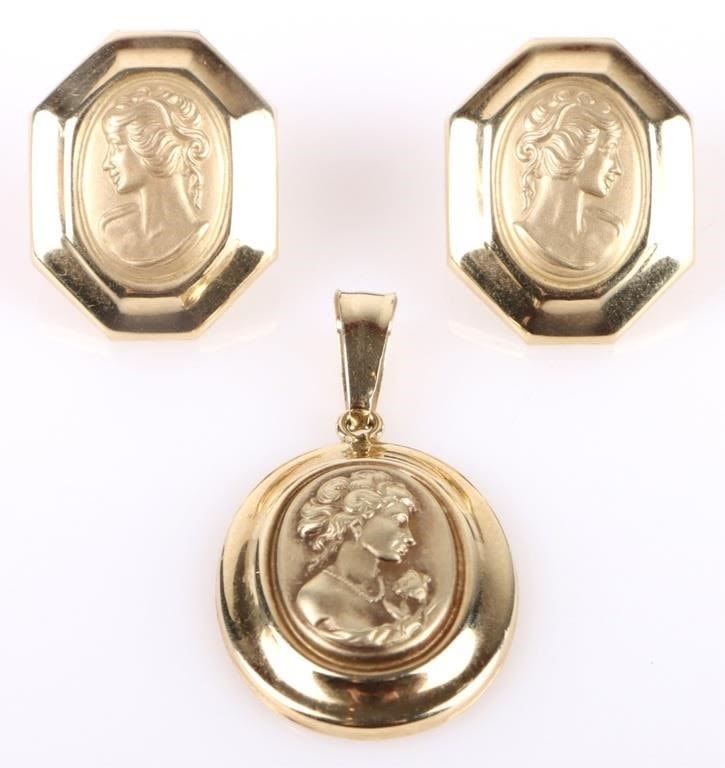 Lot 177163: 14K YELLOW GOLD MATCHING EARRINGS & PENDANT