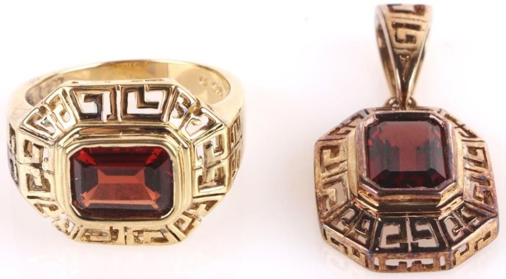 Lot 177164: GARNET GOLD-TONED STERLING SILVER RING & PENDANT
