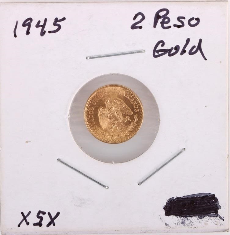 Lot 177253: 0.482 OZ GOLD 1945 DOS PESOS MEXICAN GOLD COIN