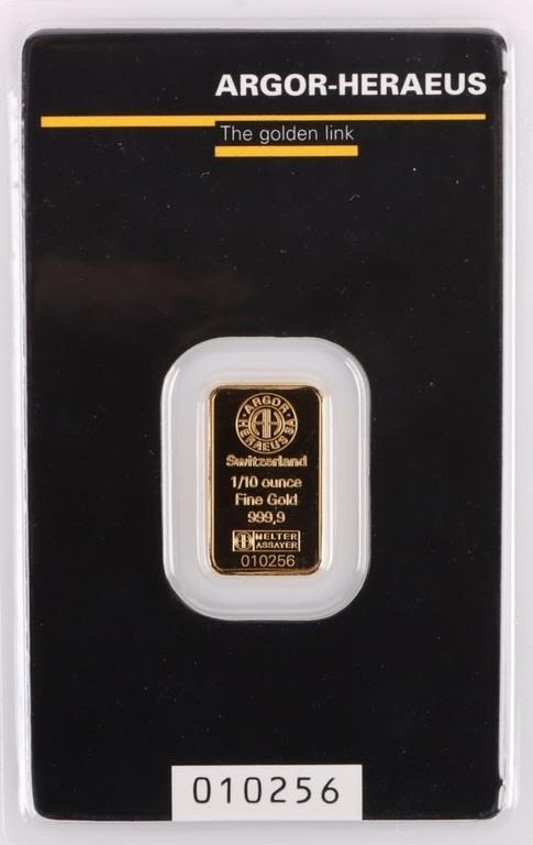 Lot 177258: .999 FINE GOLD ARGOR-HERAEUS 1/10OZ BAR