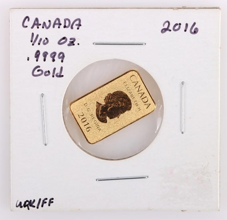 Lot 177260: .999 FINE GOLD 2016 ROYAL CANADIAN MINT 1/10OZ BAR