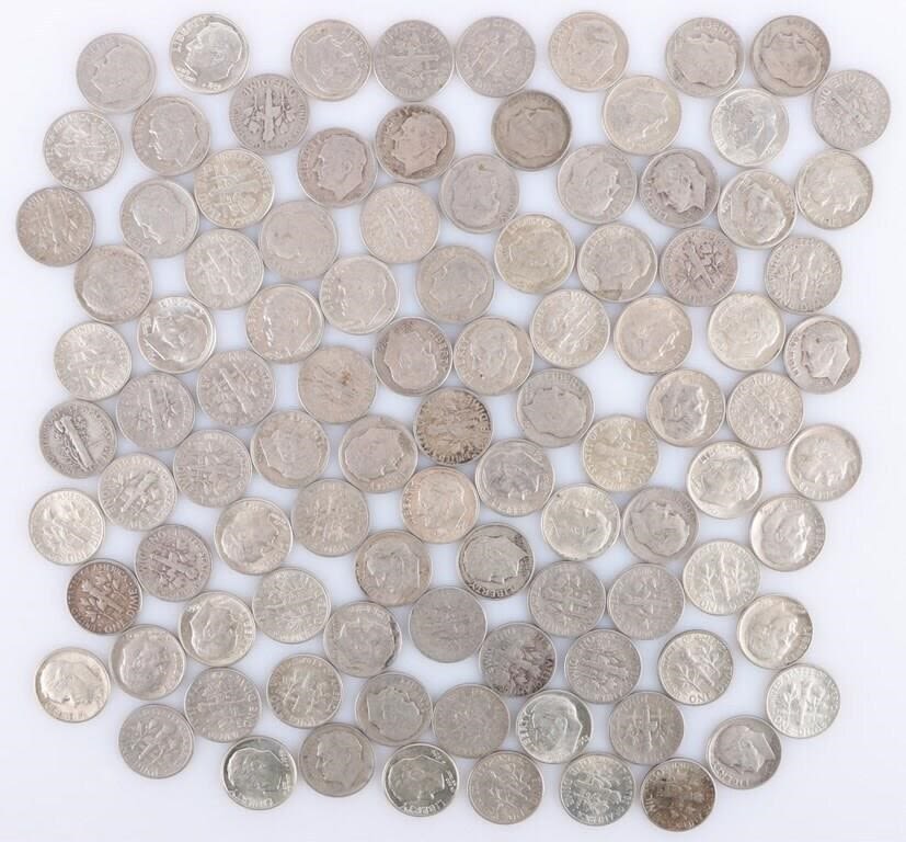 Lot 177290: 90% SILVER COLLECTIBLE ROOSEVELT DIMES - LOT OF 90