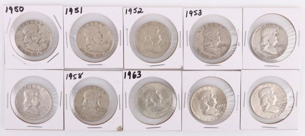 Lot 177301: 90% SILVER FRANKLIN HALF DOLLARS - LOT OF 10