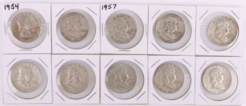 Lot 177302: 90% SILVER FRANKLIN HALF DOLLARS - LOT OF 10
