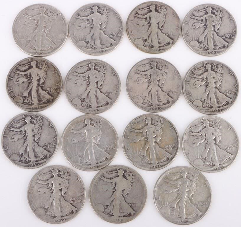 Lot 177304: ASSORTED WALKING LIBERTY HALF DOLLARS - (15)