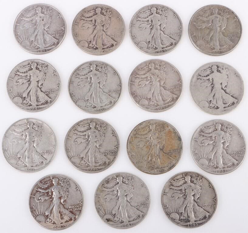 Lot 177305: ASSORTED WALKING LIBERTY HALF DOLLARS - (15)