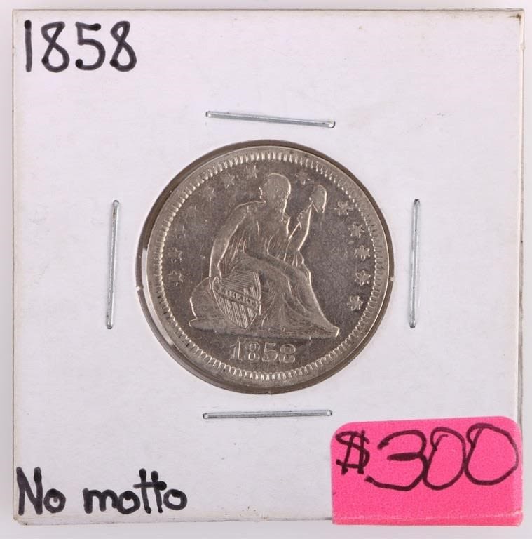 Lot 177315a: 1858 SEATED LIBERTY QUARTER NO MOTTO