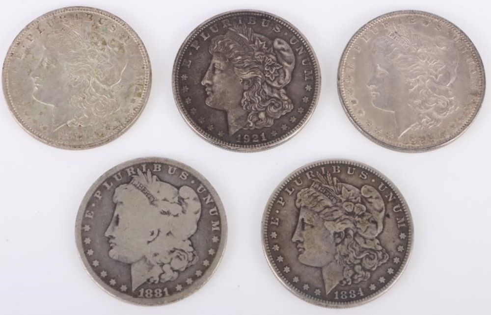 Lot 177322: 1881-1921 90% MORGAN SILVER DOLLARS - LOT OF 5
