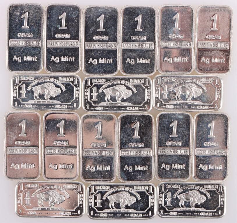 Lot 177347: .999 FINE SILVER 1 GRAM BUFFALO BARS - LOT OF 18