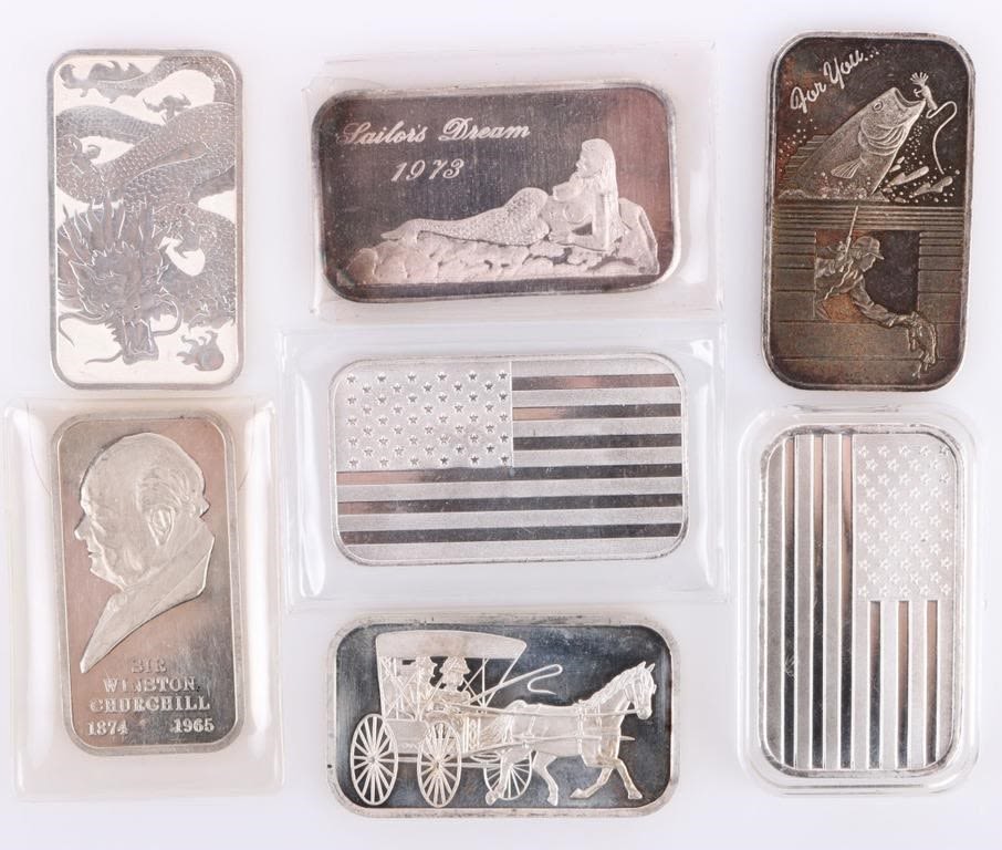Lot 177357: .999 FINE SILVER COLLECTIBLE 1OZ SILVER BARS - (7)