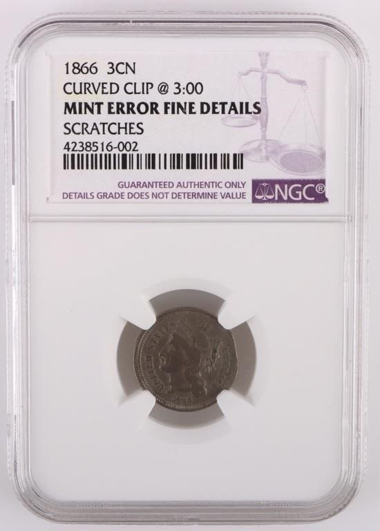Lot 177361: 1866 3CN CURVED CLIP @3:00 MINT ERROR COIN
