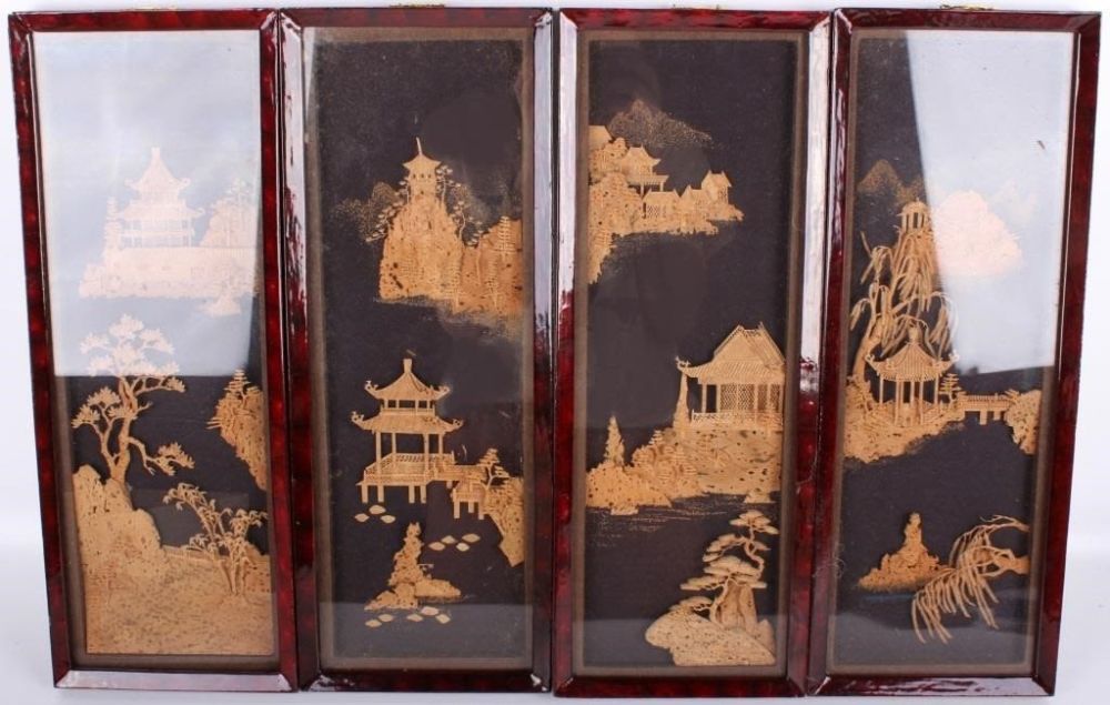 Lot 177393: ASIAN BARK CARVED VINTAGE SCENERY PANELS (4)