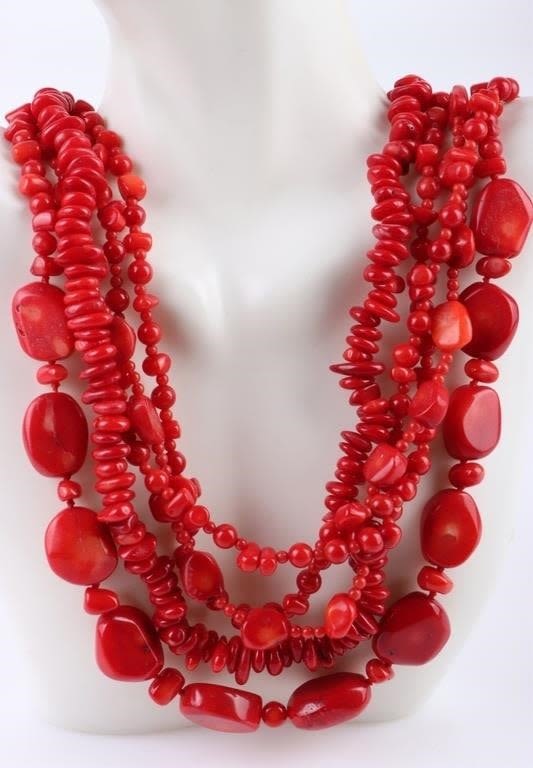 Lot 178224: RED CORAL BEADED NECKLACE W/ STERLING CLASP