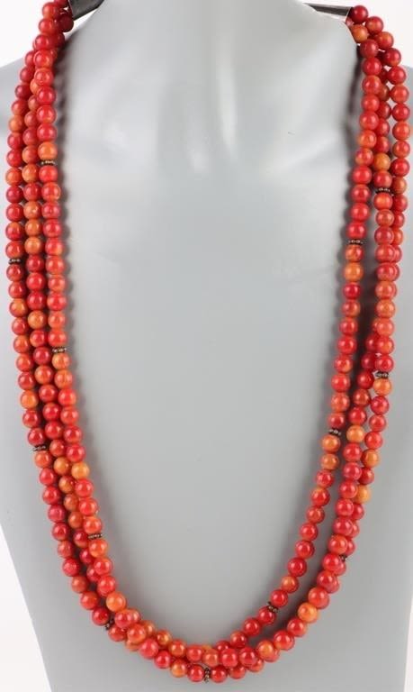 Lot 178226: RED & ORANGE CORAL BEADED STERLING NECKLACE