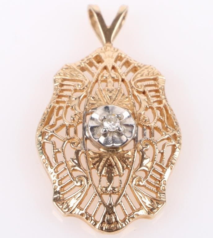 Lot 178228: ANTIQUE DIAMOND CENTER 10K GOLD FILIGREE  PENDANT