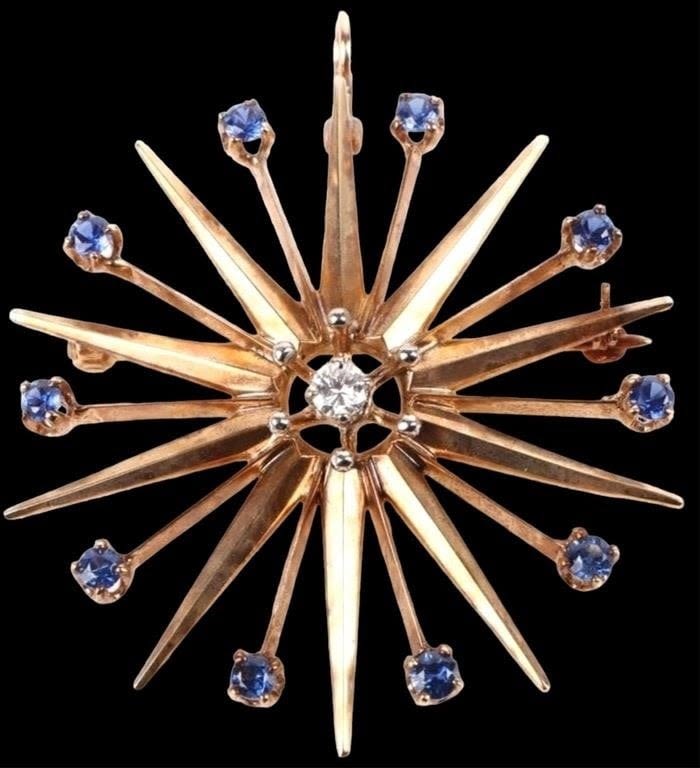 Lot 178231: ANTIQUE 14K GOLD DIAMOND SAPPHIRE SUNBURST PENDANT