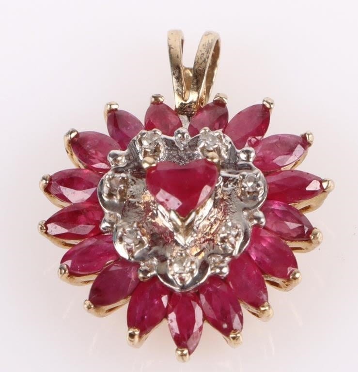 Lot 178232: 14K YELLOW GOLD RUBY DIAMOND HEART PENDANT