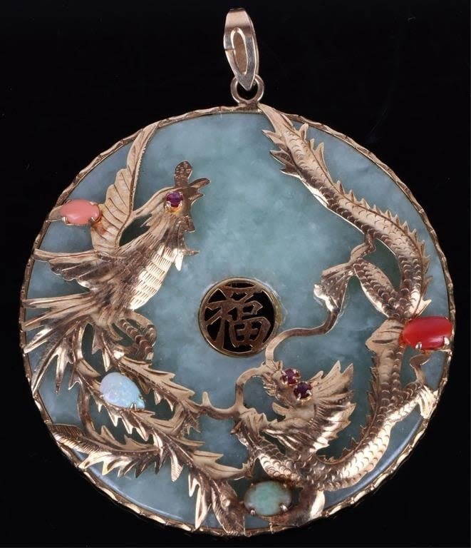 Lot 178236: 14K YELLOW GOLD JADE ASIAN DRAGON PENDANT