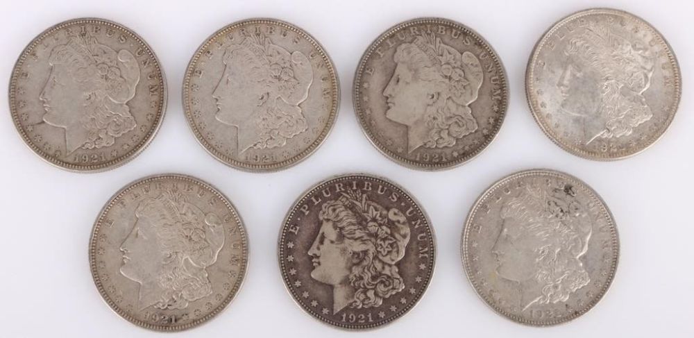 Lot 178276: 0.9 SILVER 1921 D MORGAN SILVER DOLLARS - (7)