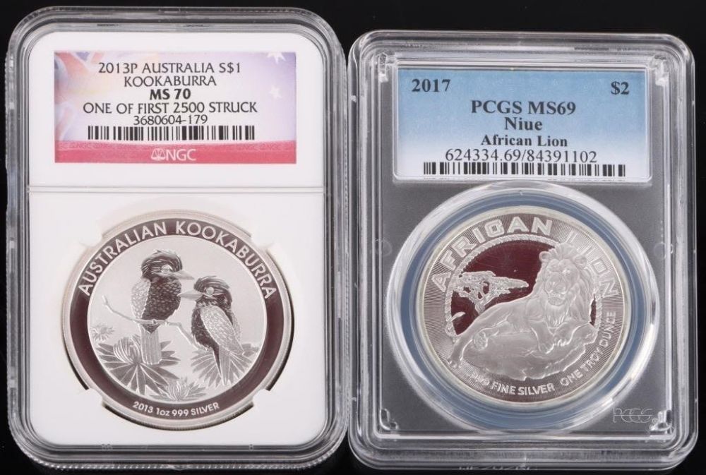 Lot 178280: 1.0OZ FINE SILVER MS70 KOOKABURRA MS69 NIUE COINS