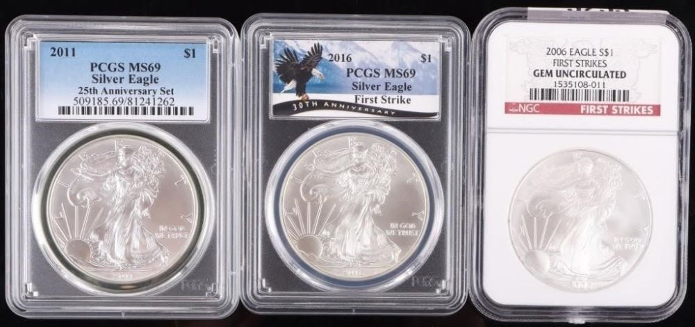 Lot 178283: 1.0OZ FINE SILVER GRADED EAGLES - LOT OF 3