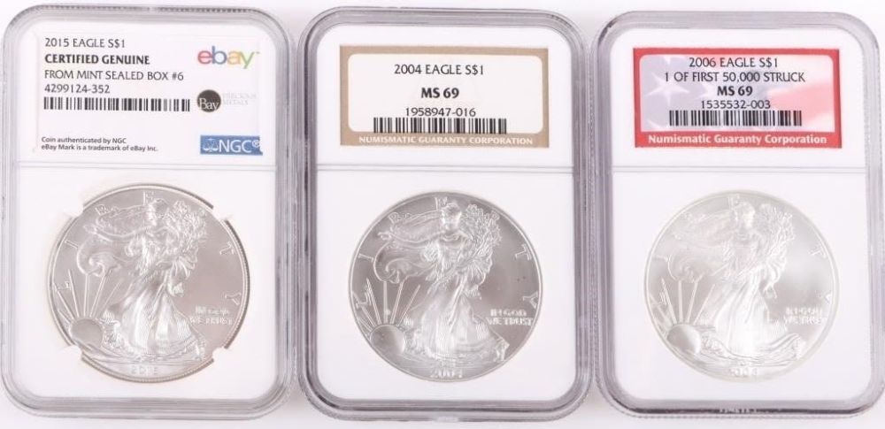 Lot 178284: 1.0OZ FINE SILVER GRADED EAGLES - LOT OF 3