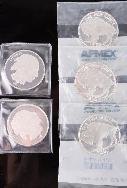 Lot 178286: .999 FINE SILVER BUFFALO ROUNDS - LOT OF 5