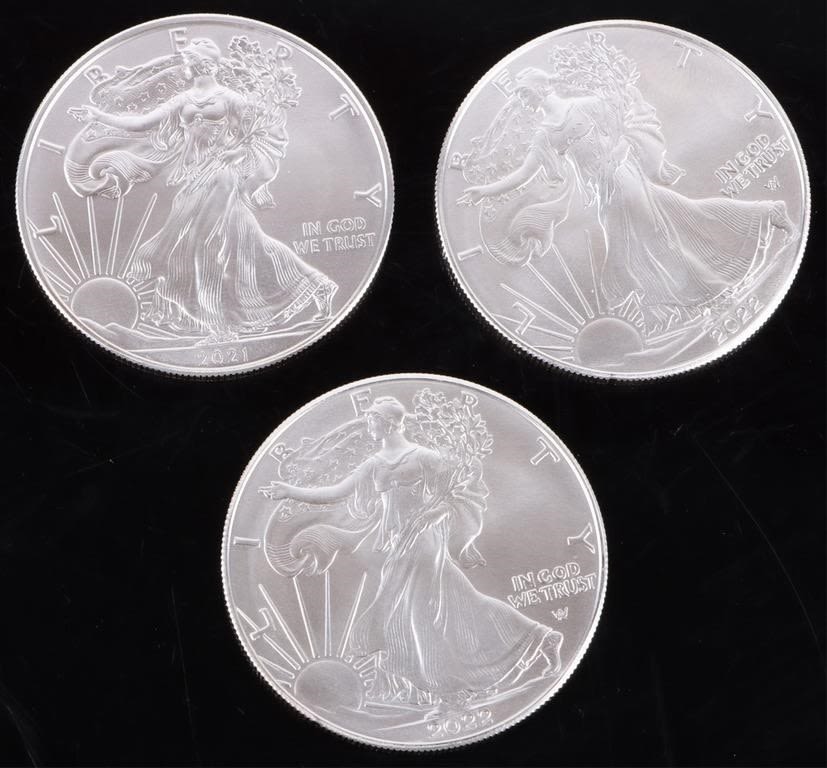 Lot 178289: .999 FINE SILVER AMERICAN EAGLES 2021-2022 COINS