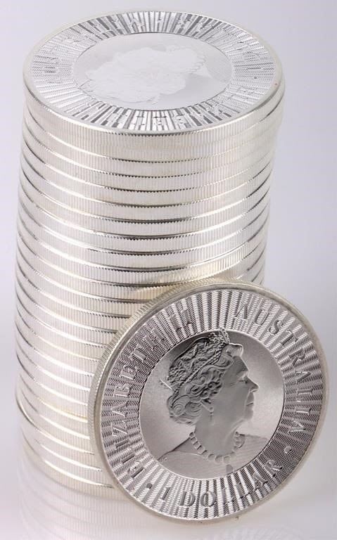 Lot 178295: AUSTRALIAN SILVER KANGEROO (.9999) 25 COIN TUBE