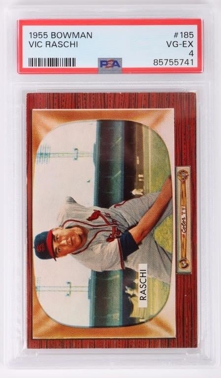 Lot 178317: 1955 BOWMAN VIC RASCHI #185 PSA 4 BASEBALL CARD