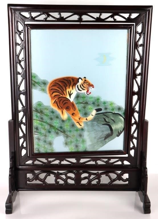 Lot 178392: VINTAGE CHINESE TIGER TEXTILE W/ SPINNING FRAME