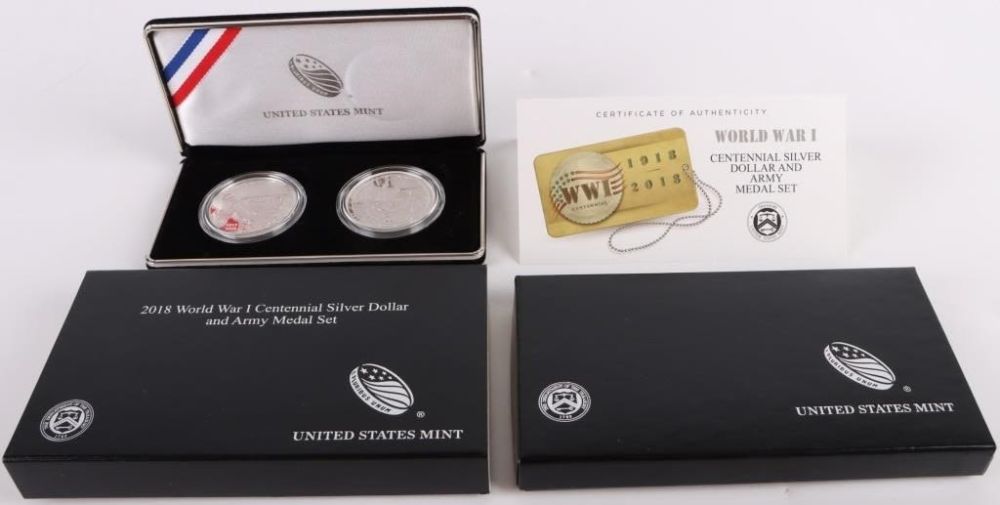 Lot 179169: 2018 WWI CENTENNIAL SILVER DOLLAR & ARMY MEDAL SET